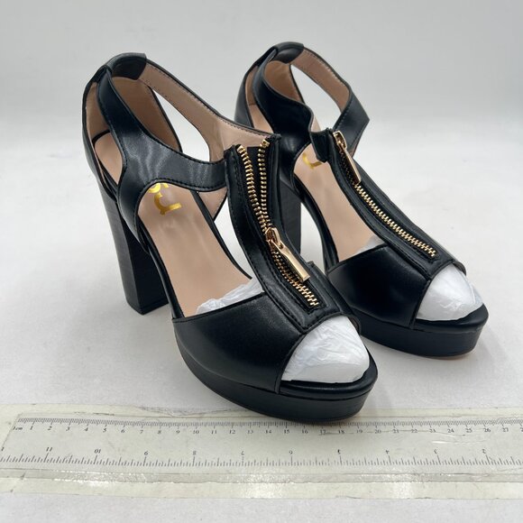 FSJ Black Peep Open Toe T-Strap Front Zipper Chunky Stacked High Heel Sandal - Picture 4 of 8